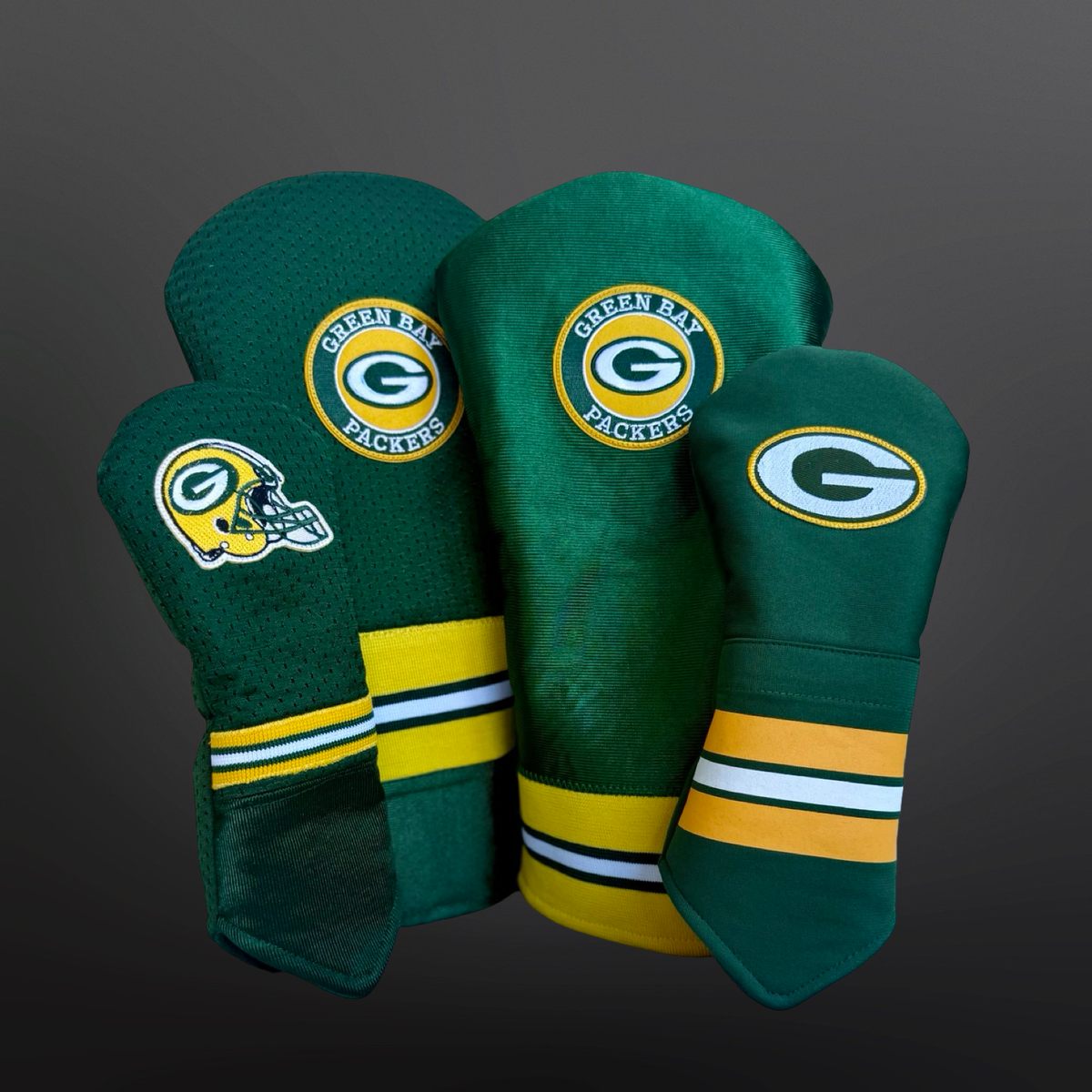 Handmade golf headcovers displayed as Christmas gifts for golfers made from reclaimed jersey fabric.