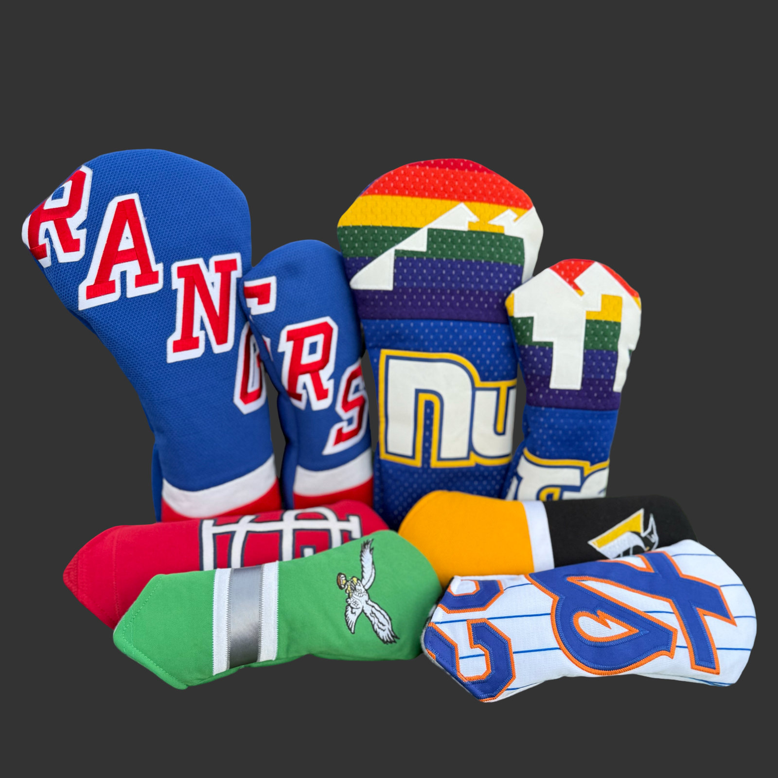 Collection of colorful golf club head covers with various designs on a dark background